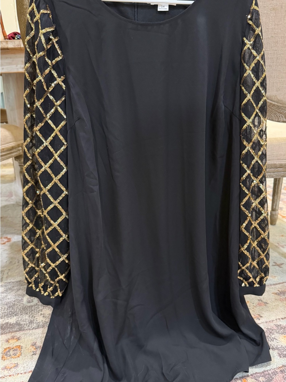 Chic Soul Black Dress with Gold Lattice Long Sleeves